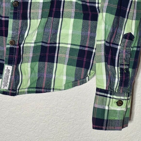 Aèropostale Women's Shirt Medium Green & Blue Plaid Long Sleeve Button Down Top - Picture 3 of 4
